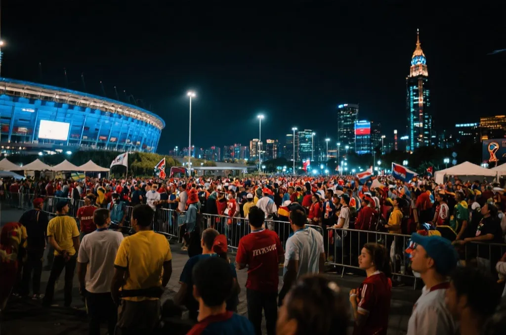 世界杯球场外聚集的球迷与城市夜景，氛围热烈而有序